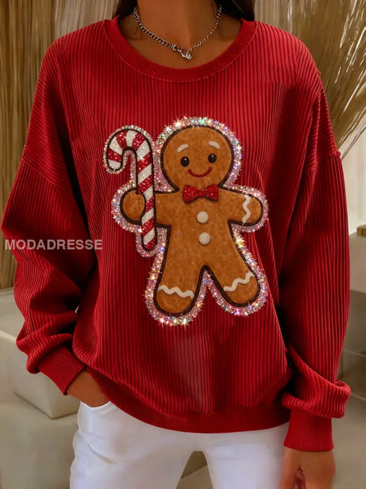 Vintage jul pepparkakor Man paljetter Lös långärmad tröjar röd / S