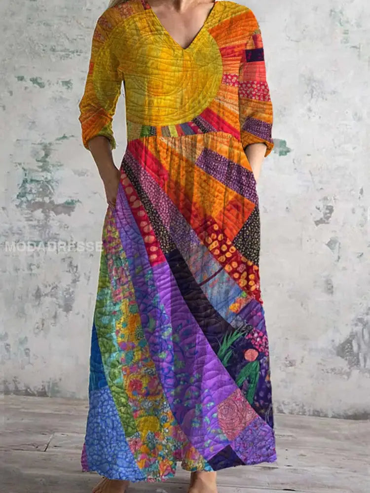 Vintage kunst utskrift Chic V hals tre kvarter erme Elegant Midi-kjole A / S