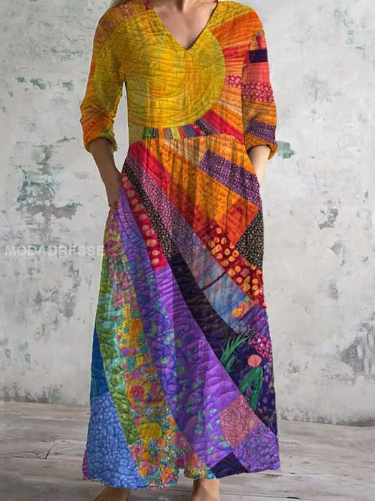 Vintage kunst utskrift Chic V hals tre kvarter erme Elegant Midi-kjole A / S