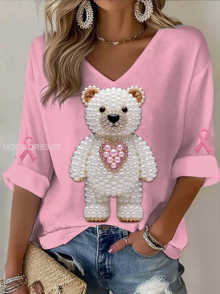 Vintage Love Bear Pearl Bröstcancer Print Casual bomull Lång ärm T shirt runk / S