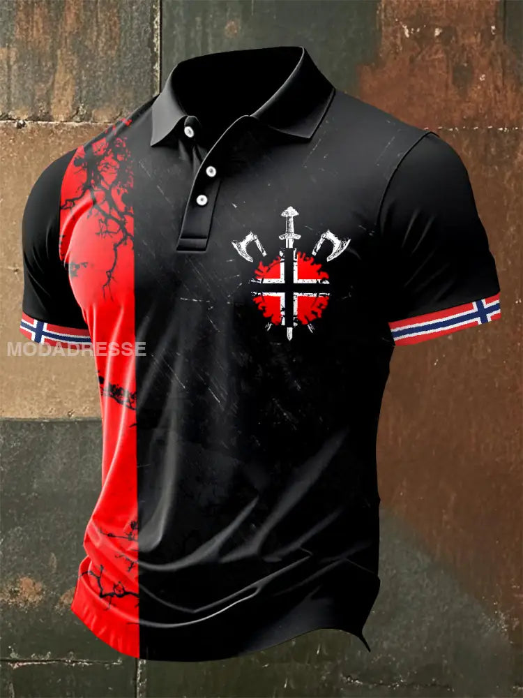 Vintage norsk flagg Viking-tema polo skjert som bilete / S
