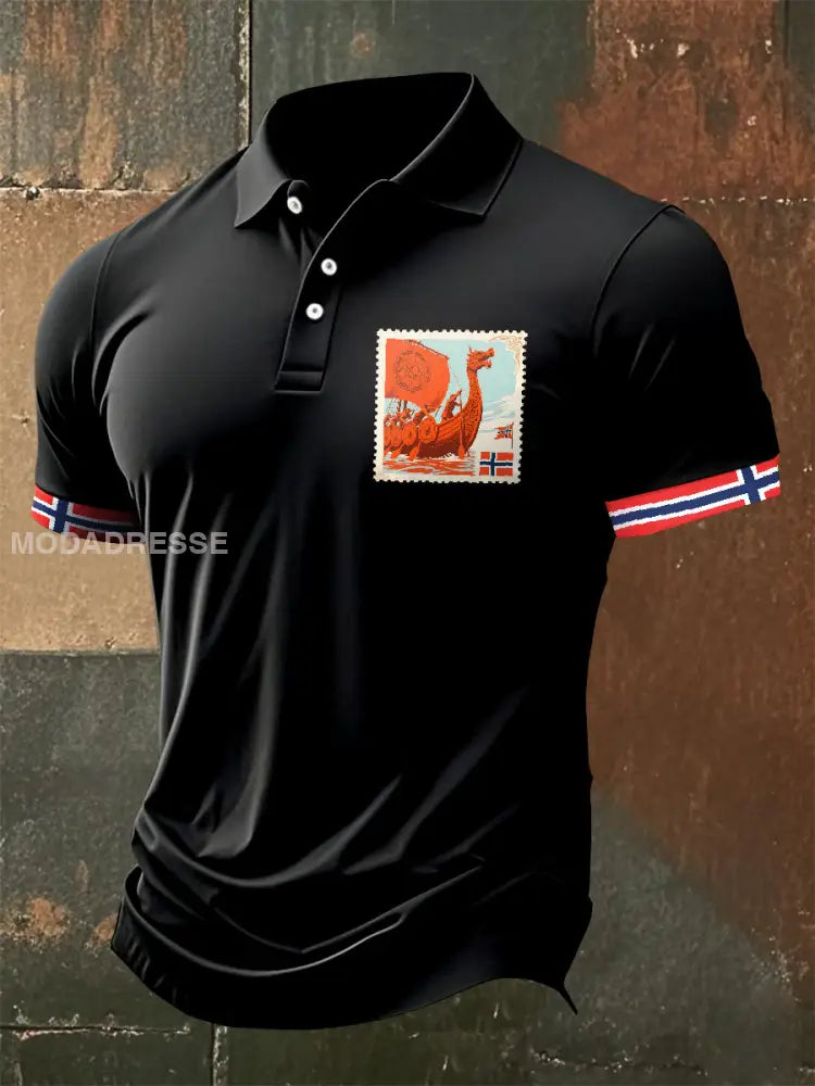 Vintage Norskt Stämpeltryck För Män Casual Pikétröja som bild / S