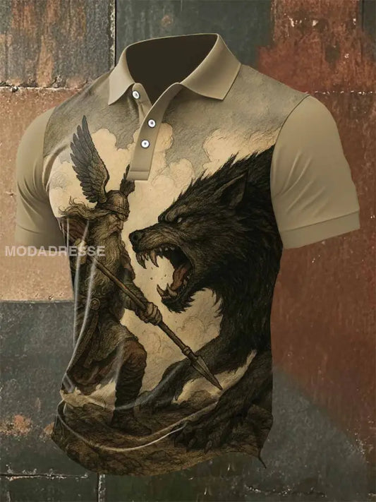 Vintage Pikétröja Med Tryck Från Viking Odin Och Fenrir För Män som bild / S
