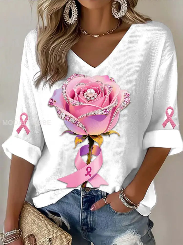 Vintage Rose Pearl Bröstcancer Skriv ut Casual bomull Lång ärm T shirt vitt / S