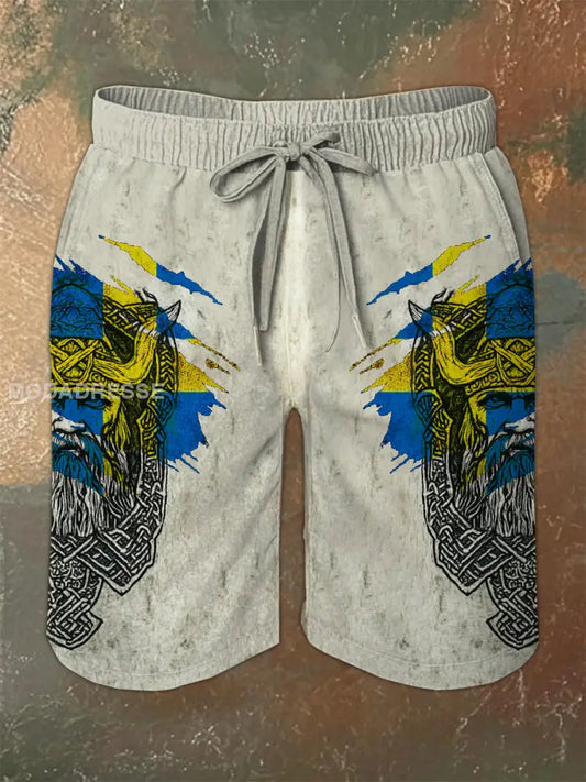 Vintage Svensk flagga Svenska Viking Tema Print Casual Shorts som bild / S