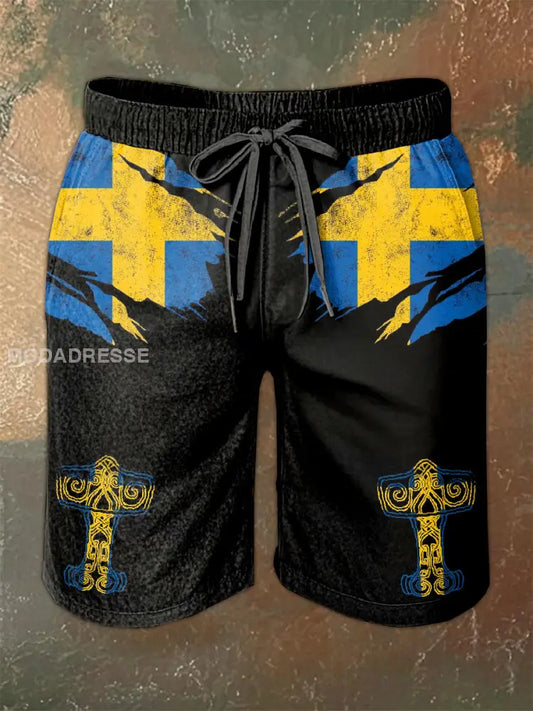 Vintage Svensk flagga Svenska Viking Tema Print Casual Shorts som bild / S