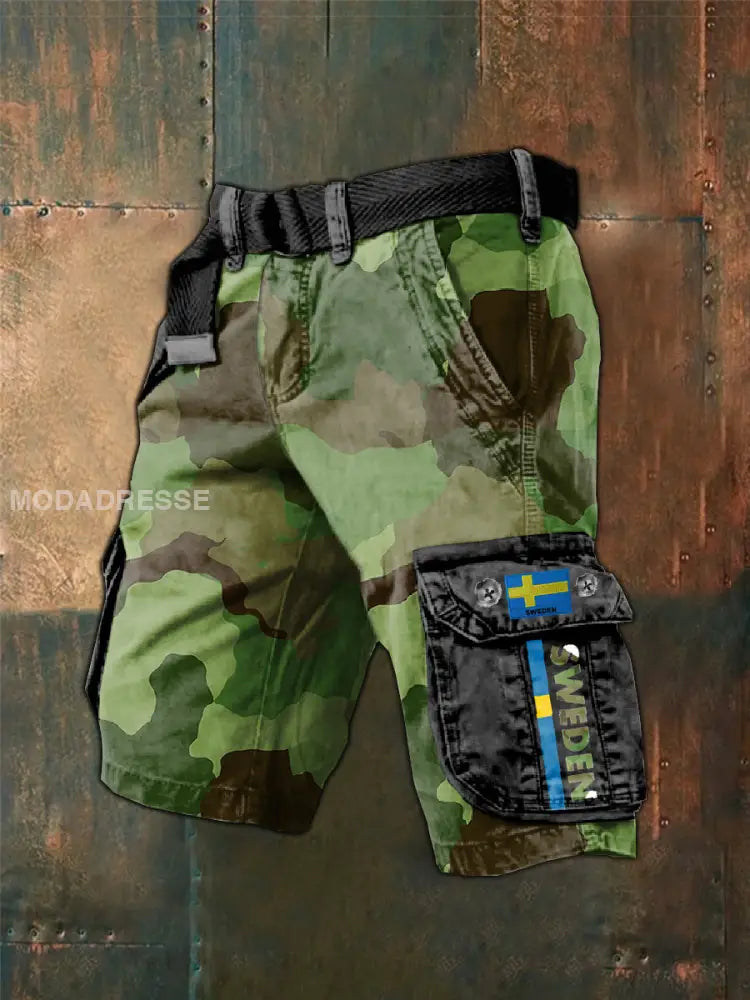 Vintage Svensk militär illustration Skriv ut Cargo Shorts som bild / S