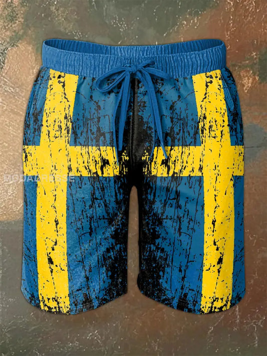 Vintage Svenska Flag Tema Print Casual Shorts som bild / S