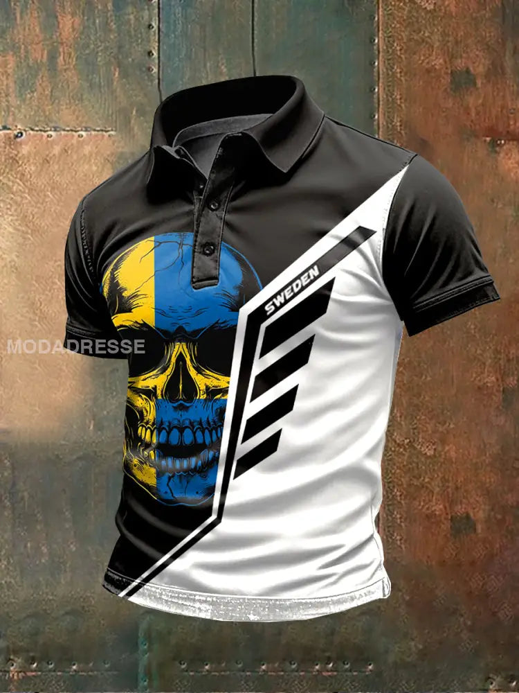 Vintage Svenska flagga Svenska Skull Tema Print Polo tröj som bild / S