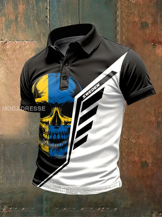 Vintage Svenska flagga Svenska Skull Tema Print Polo tröj som bild / S
