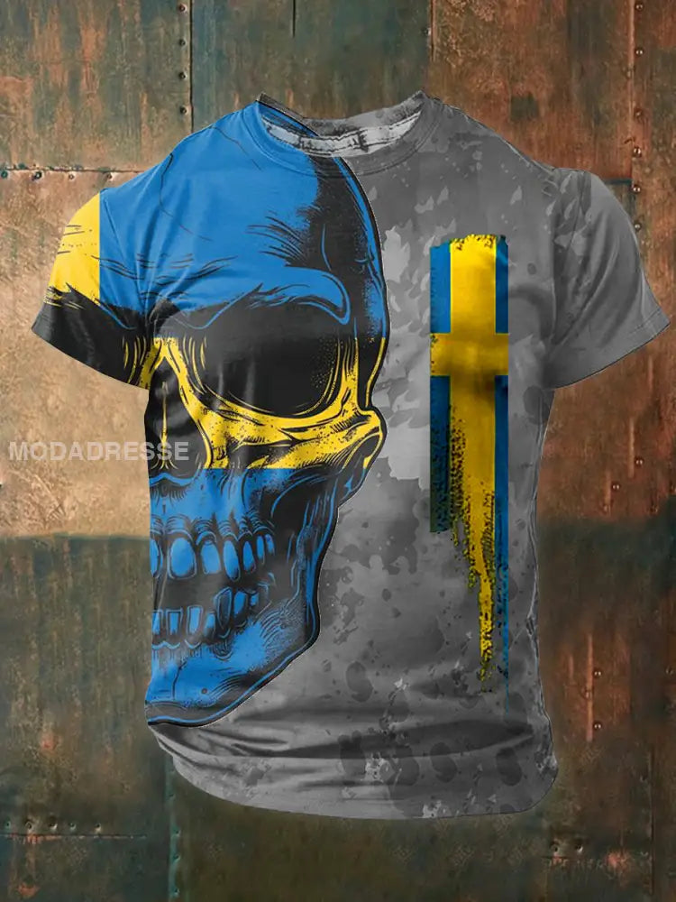 Vintage Svenska flagga Svenska Skull Temad Tryck T-shirt som bild / S