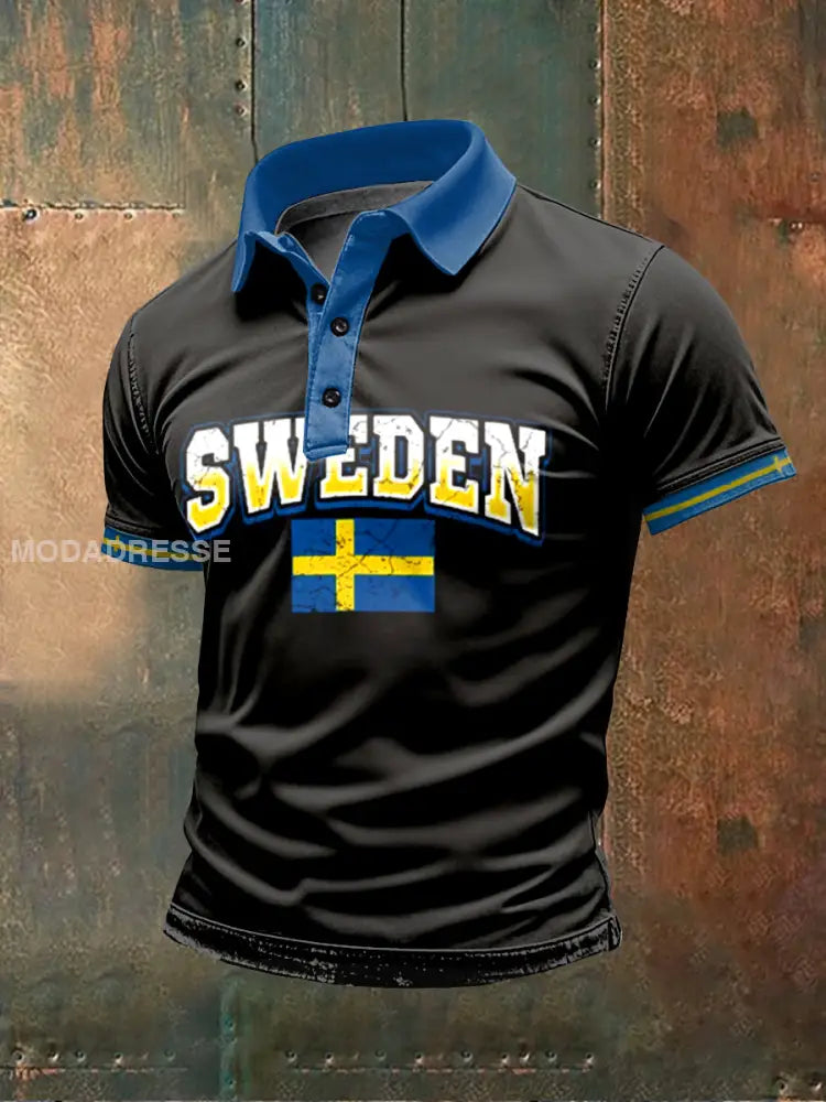 Vintage Svenska flagga Svenska Theed Print Polo Skjorta som bild / M