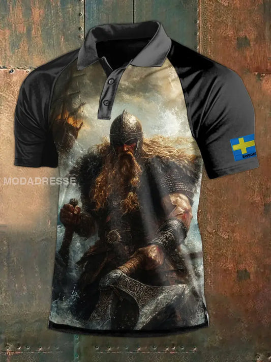 Vintage Svenska flagga Svenska Viking Tema Print Polo tröj som bild / M