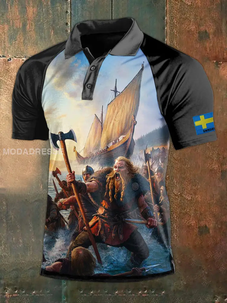 Vintage Svenska flagga Svenska Viking Tema Print Polo tröj som bild / M
