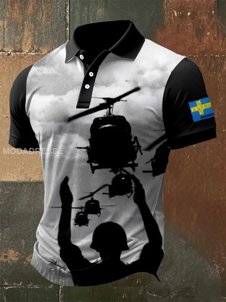 Vintage Svenska militärtema Print Polo tröj som bild / S
