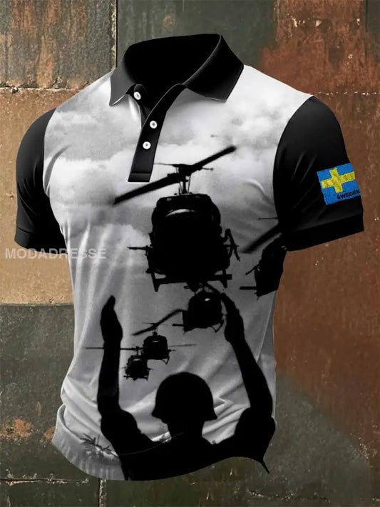 Vintage Svenska militärtema Print Polo tröj som bild / S