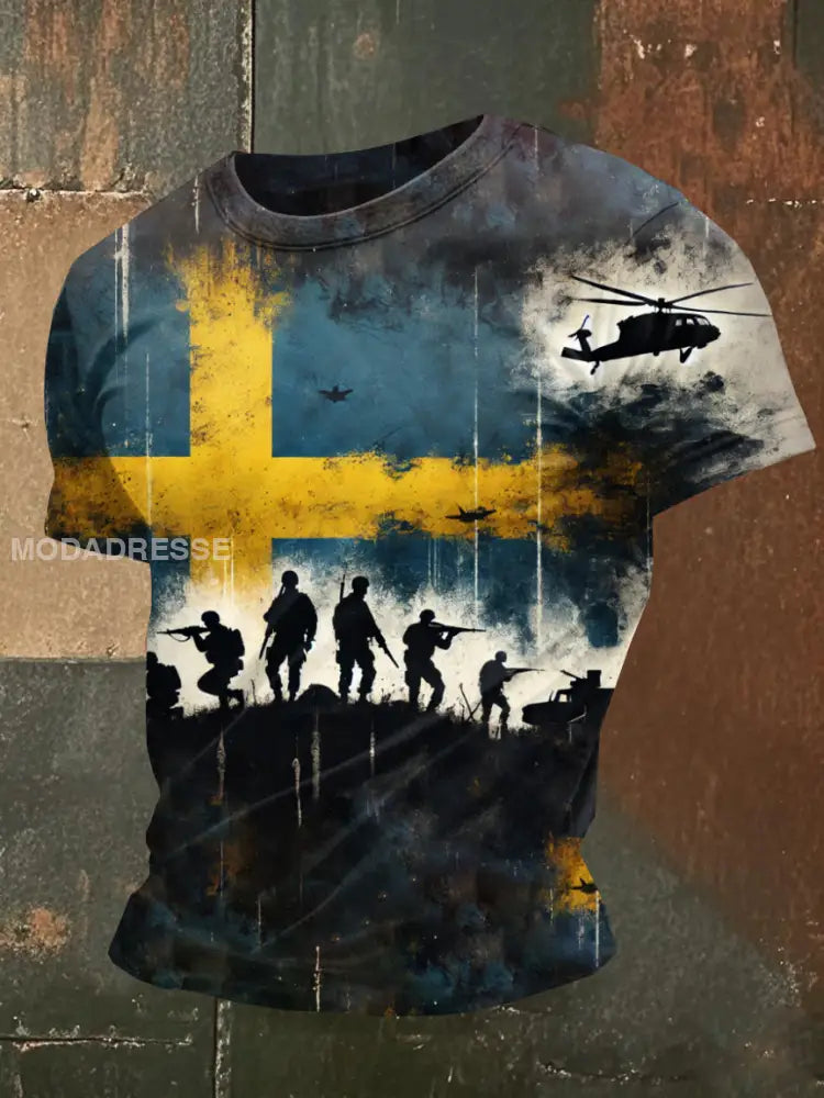 Vintage Svenska militärtema tryck Casual T-shirt som bild / S