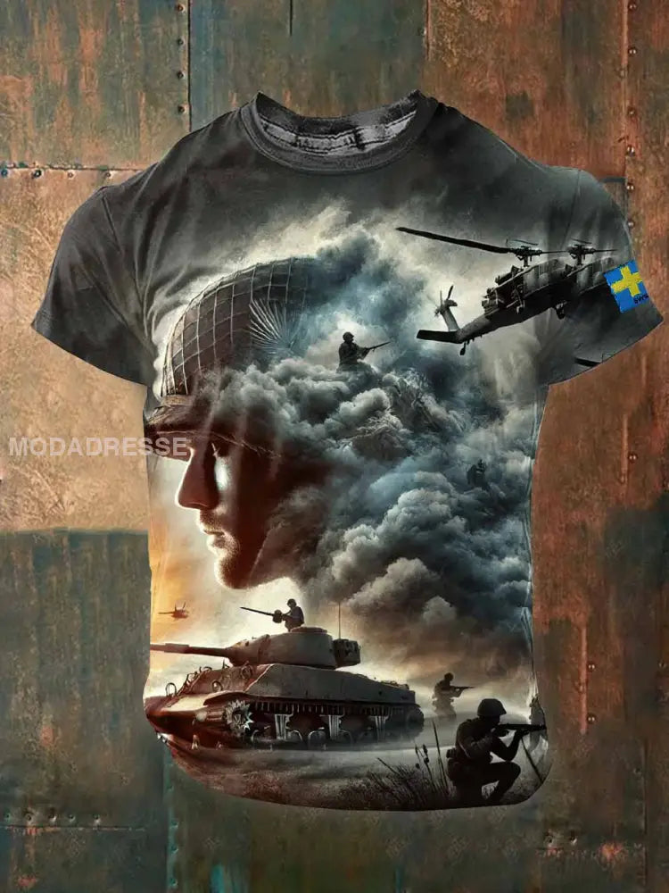 Vintage Svenska militärtema Tryck T-shirt som bild / S