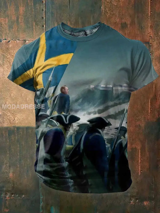 Vintage Svenska militärtema Tryck T-shirt som bild / S