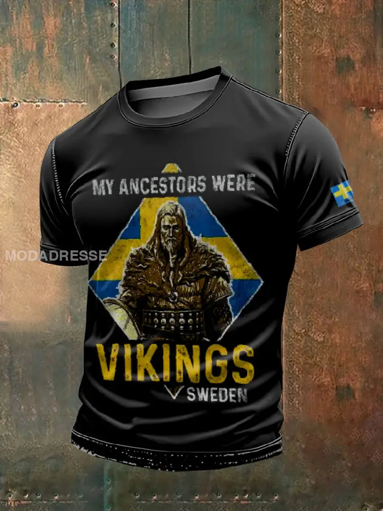 Vintage Svenska Mina förfäder är Vikings Tryckt Casual T-shirt som bild / S
