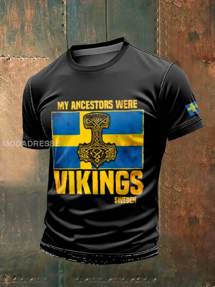 Vintage Svenska Mina förfäder är Vikings Tryckt Casual T-shirt som bild / S