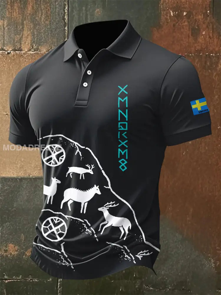 Vintage Svenska Tanum Pikétröja Med Petroglyphtryck För Män som bild / S