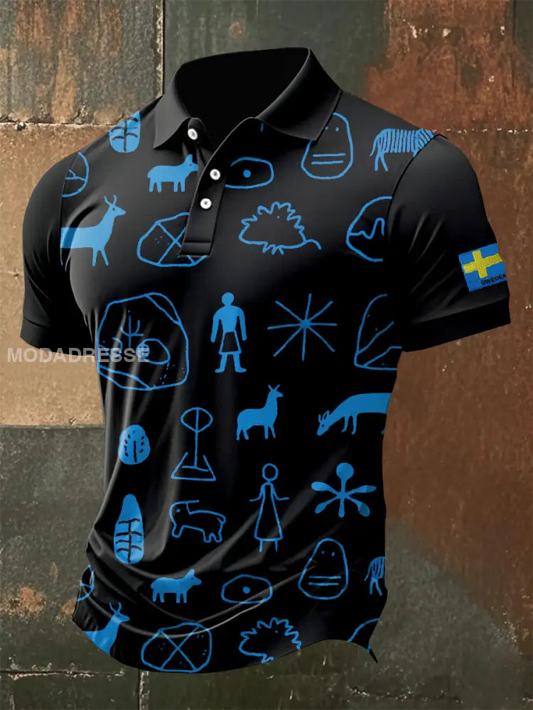 Vintage Svenska Tanum Pikétröja Med Petroglyphtryck För Män som bild / S