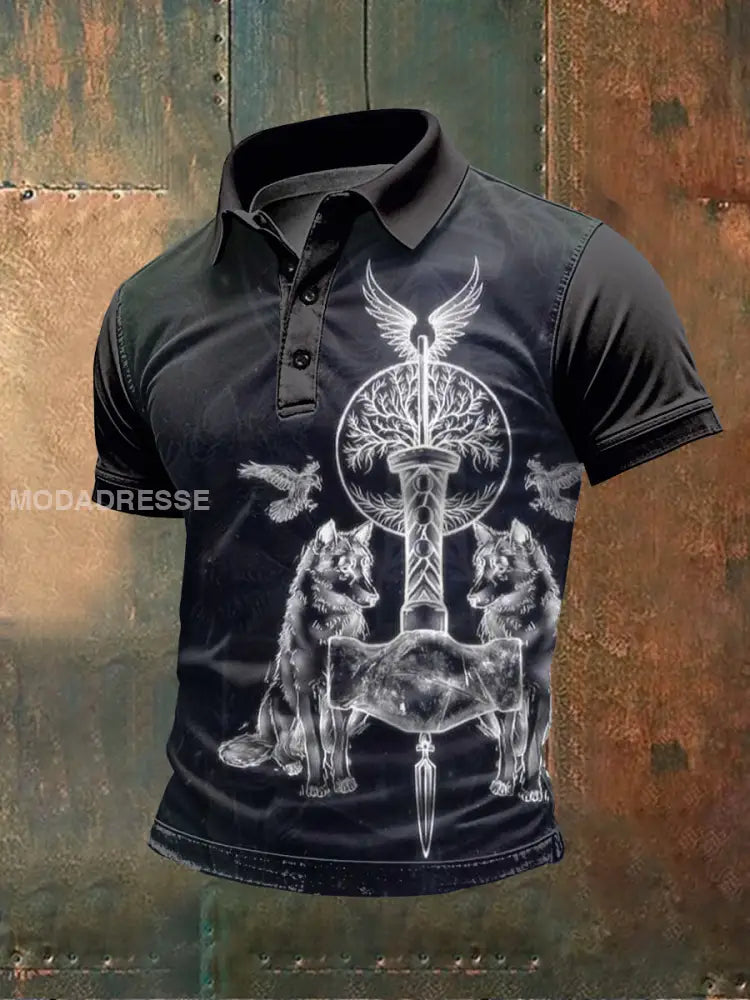 Vintage Svenska Viking Print Casual Polo tröj som bild / S