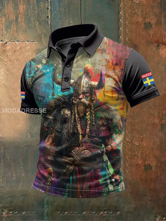 Vintage Svenska Viking Print Casual Polo tröj som bild / S