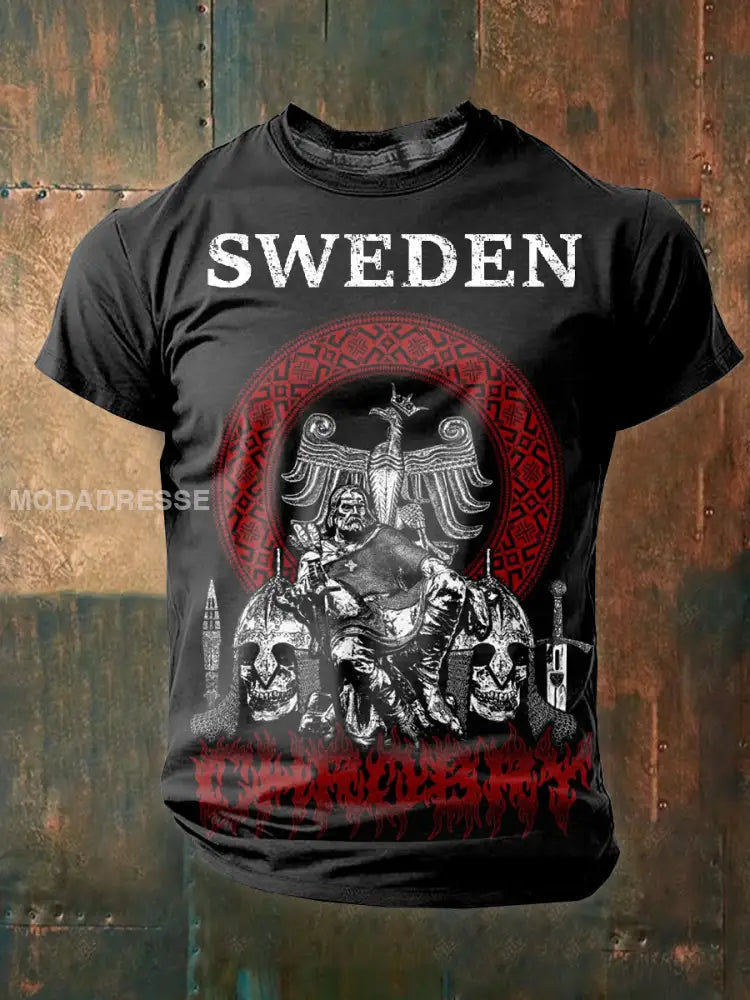 Vintage Svenska Viking Print Casual T-shirt som bild / S