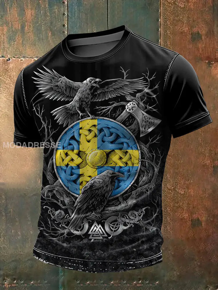 Vintage Svenska Viking Raven Svenska Tema Print T-shirt som bild / S