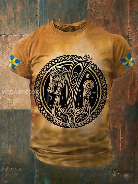 Vintage Svenska Viking Rune Tema Konst Print Casual T-shirt som bild / S