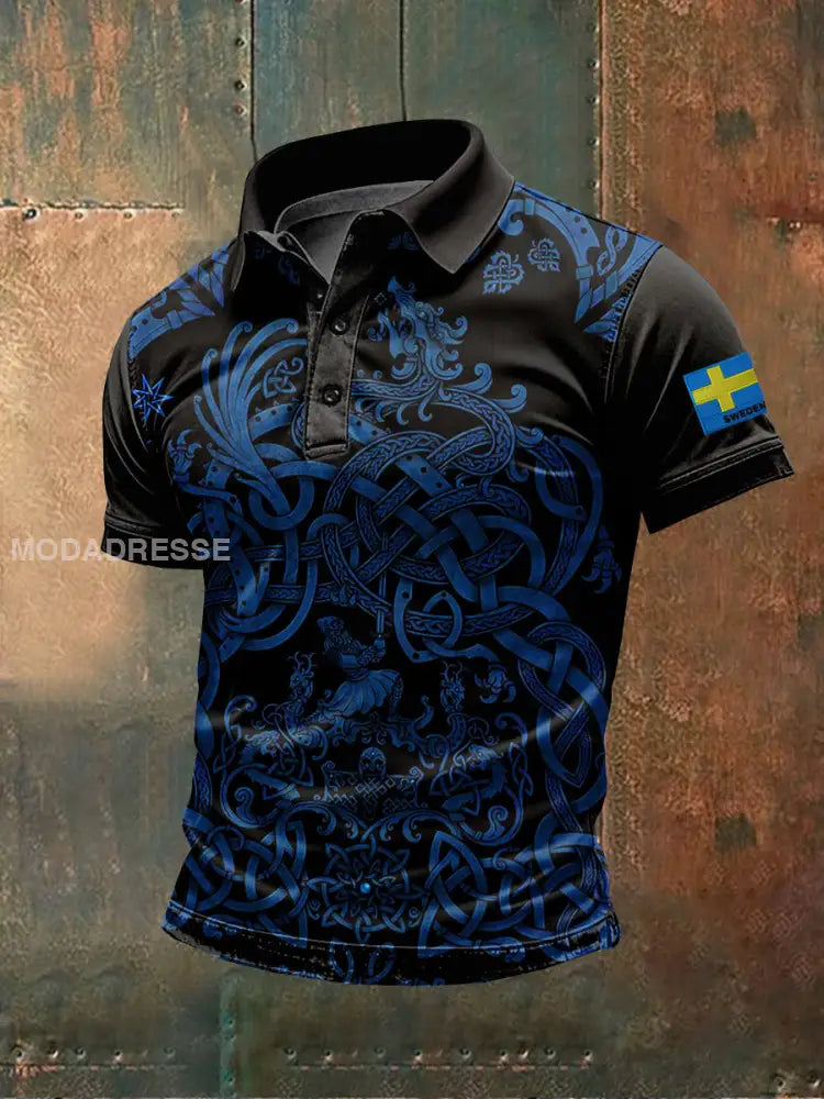 Vintage Svenska Viking Rune Svenska Tema Skriv ut Casual Polo Skjorta som bild / S