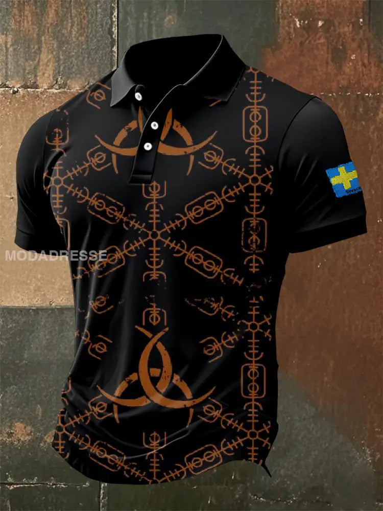 Vintage Svenska Viking Totem Illustration Tryckt Casual Polo Skjorta som bild / S