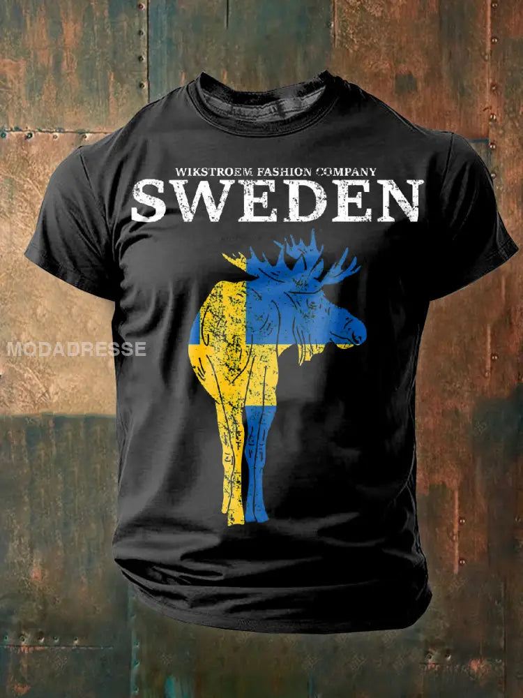 Vintage Swedish Moose Flagg Skriv ut Casual T-shirt som bild / S