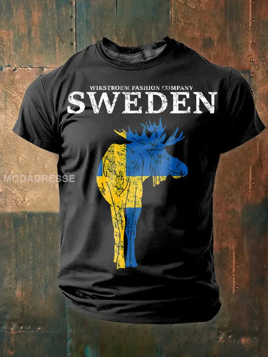 Vintage Swedish Moose Flagg Skriv ut Casual T-shirt som bild / S