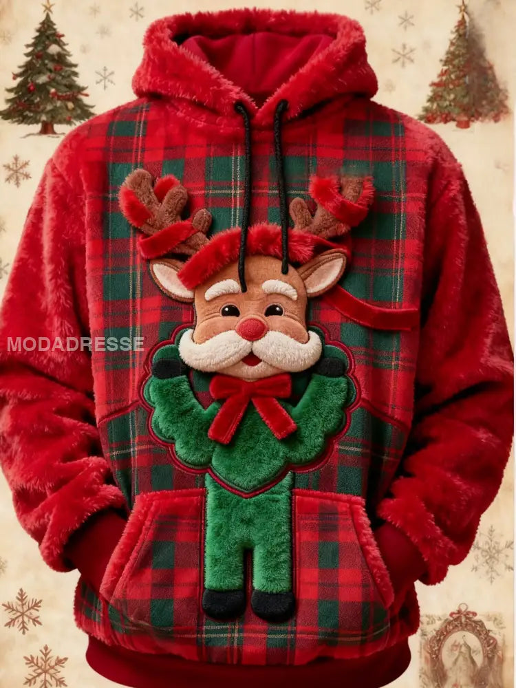 Vintage Tartan Jul renar Print Fleece Pocket Hooded Sweatshirt röd / S