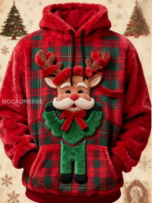 Vintage Tartan Jul renar Print Fleece Pocket Hooded Sweatshirt röd / S