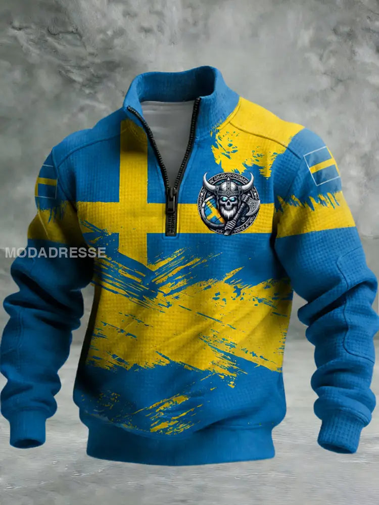 Vintage Viking Svenska flaggmärke mönster Zip-Up Bekväm Pullovere A / S