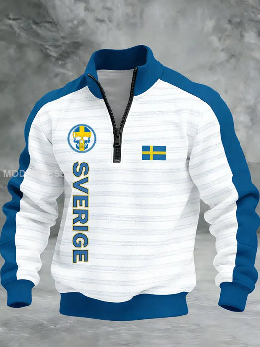 Vintage Viking Svenska flaggmärke mönster Zip-Up Bekväm Pullovere A / S
