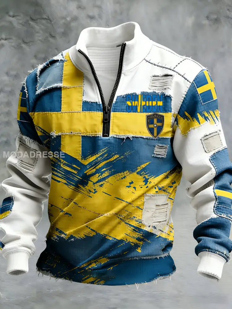 Vintage Viking Svenska flaggmärke mönster Zip-Up Bekväm Pullovere A / S