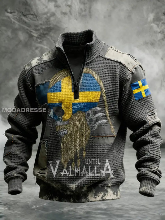 Vintage Viking Svenska flaggmärke mönster Zip-Up Bekväm Pullovere A / S