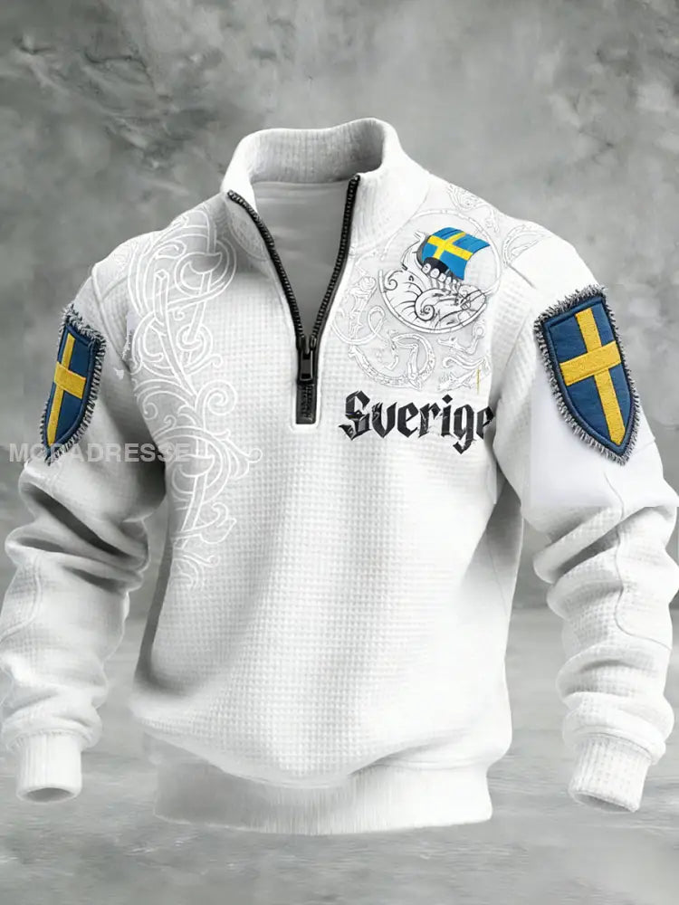Vintage Viking Svenska flaggmärke mönster Zip-Up Bekväm Pullovere A / S