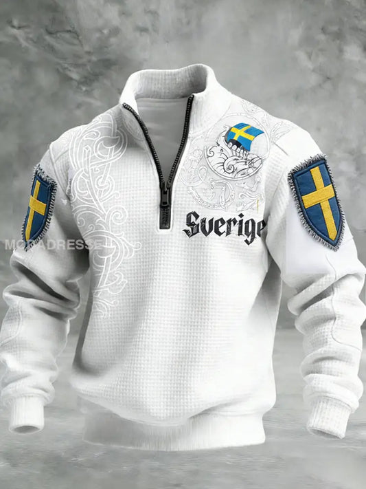 Vintage Viking Svenska flaggmärke mönster Zip-Up Bekväm Pullovere A / S
