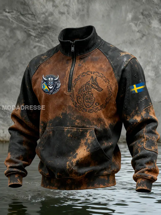 Vintage Viking Svenska flaggmärke mönster Zip-Up Bekväm Pullovere A / S