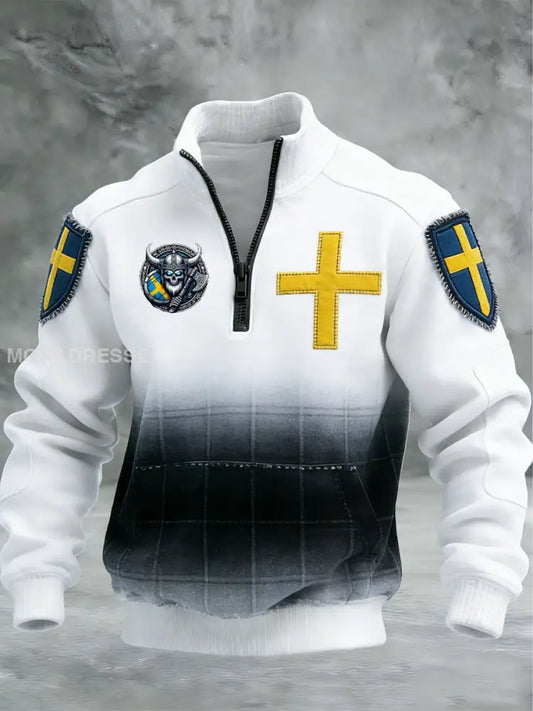 Vintage Viking Svenska flaggmärke mönster Zip-Up Bekväm Pullovere A / S