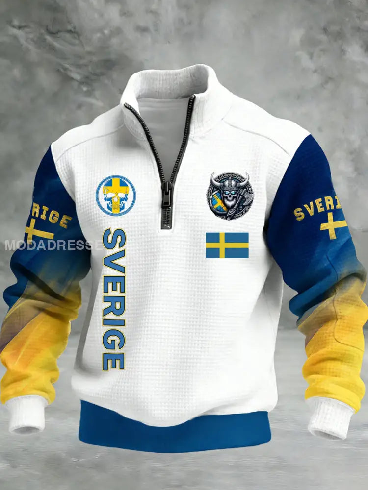 Vintage Viking Svenska flaggmärke mönster Zip-Up Bekväm Pullovere A / S