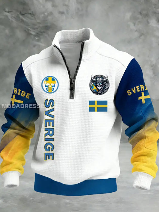 Vintage Viking Svenska flaggmärke mönster Zip-Up Bekväm Pullovere A / S