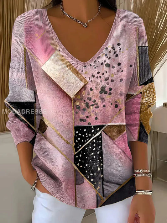 Womems rosa konst tryckt V-hals topp runk / S