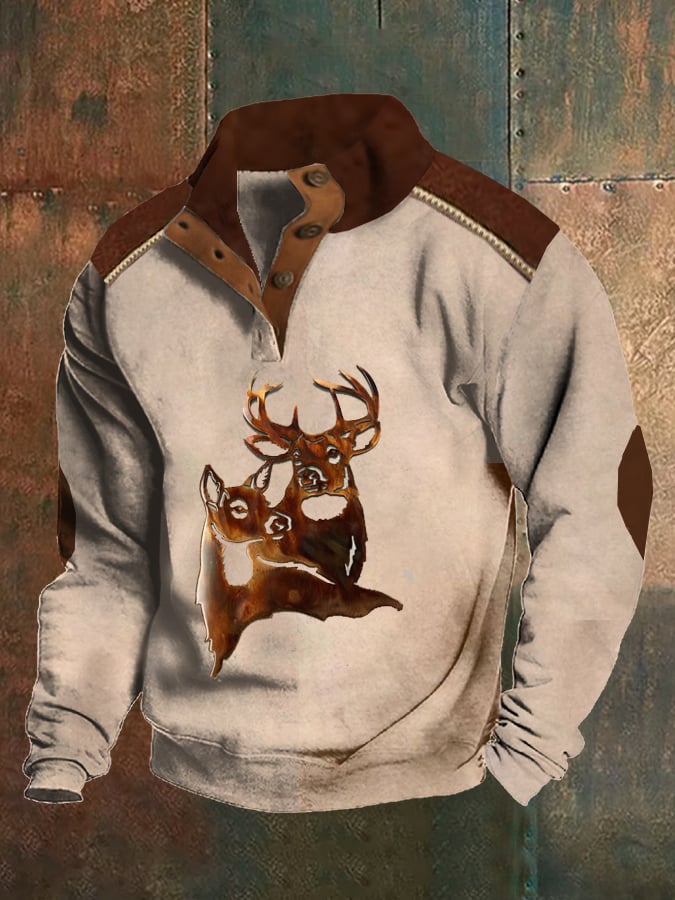 Western Bright Metallic Deer Print Stand Collar Button Sweatshirt for menn